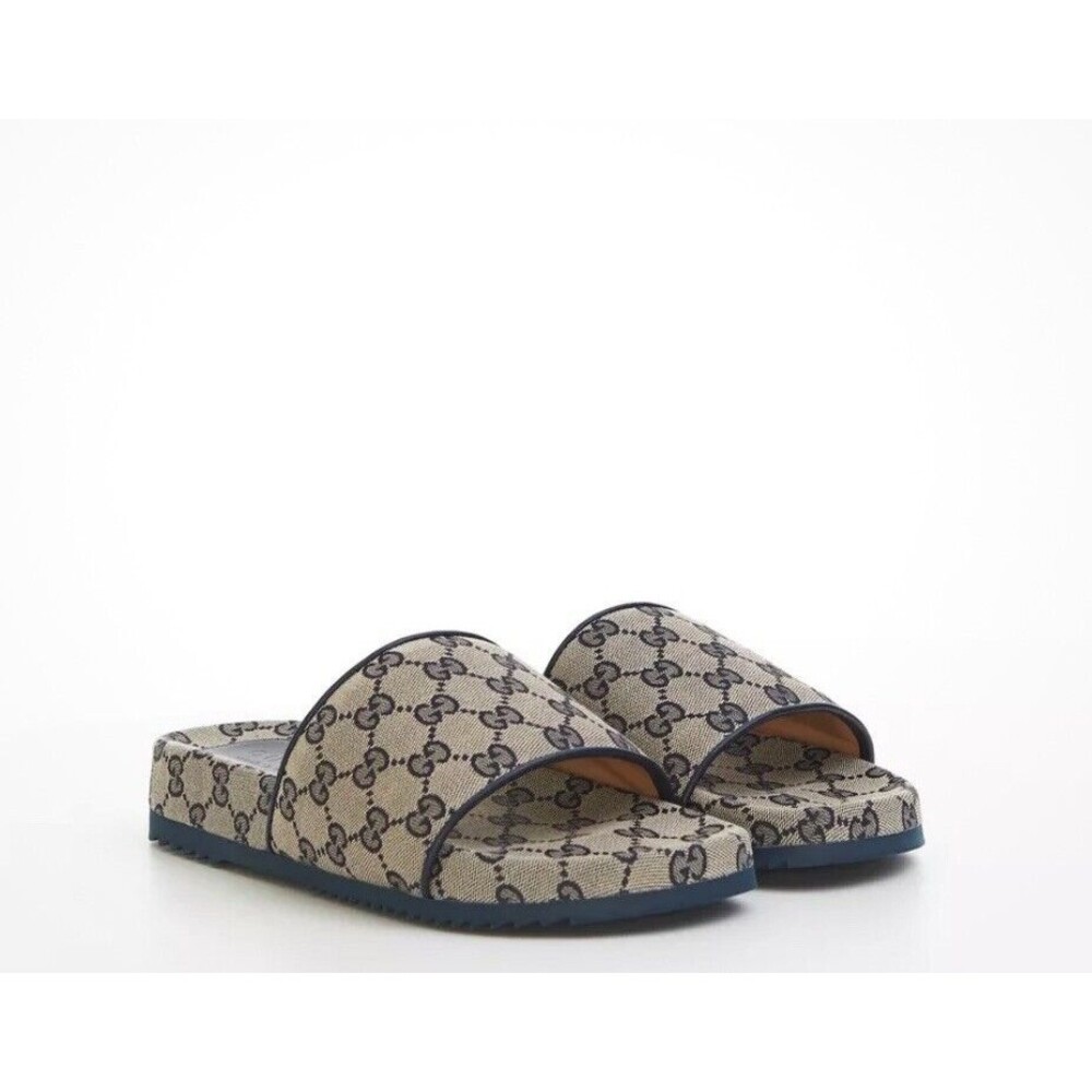 GUCCI Men's GG Slide Sandal In Beige And Blue Monogram Canvas Size 8